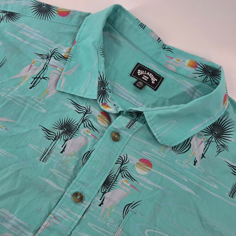 Billabong Button Down Mens XXL Aqua Tropical Heron Palm Short Sleeve Shirt